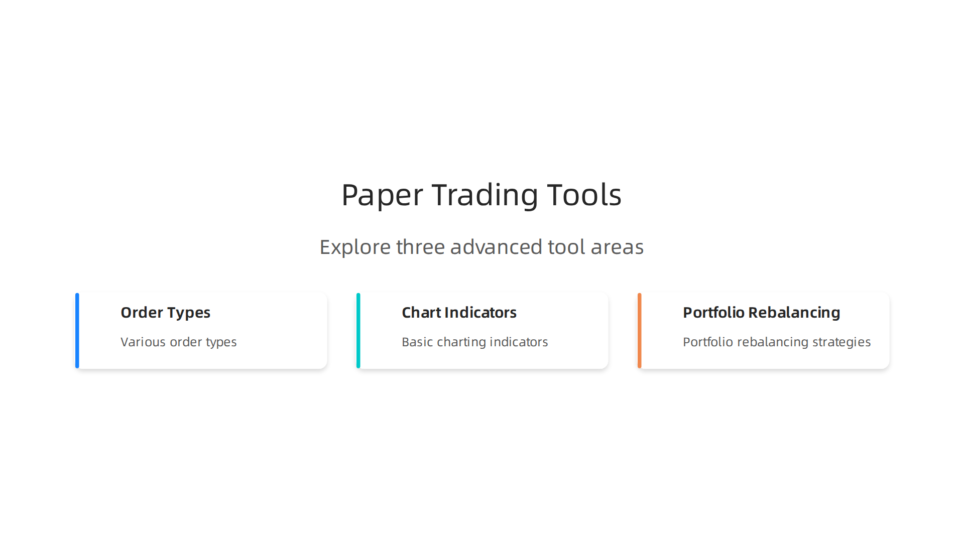 An infographic showcasing advanced tools to explore in a paper trading account, including various order types, basic charting indicators, and portfolio rebalancing.