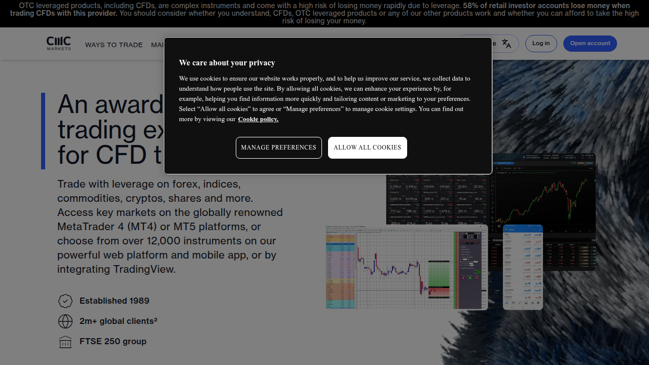 A screenshot of the CMC Markets website, a platform mentioned for its simulated trading environment.