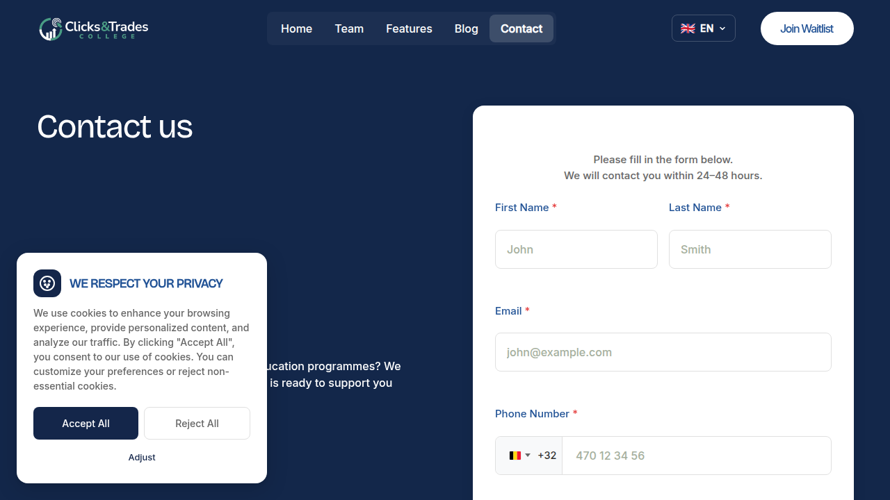 A screenshot of the Clicks and Trades newsletter contact page, offering a resource for clear, step-by-step crypto lessons.