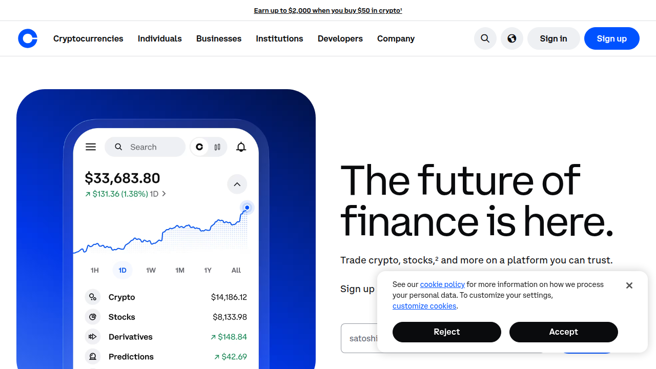 A screenshot of the Coinbase homepage, one of the leading beginner-friendly cryptocurrency exchanges mentioned in the article.