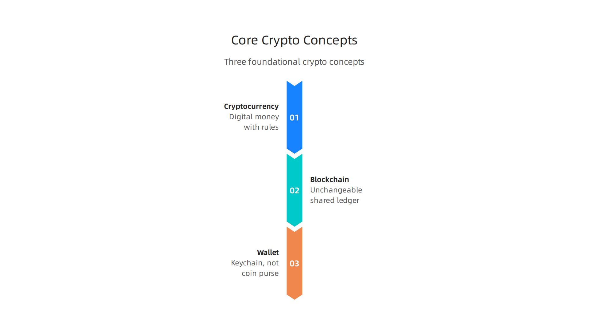 An infographic simplifying the three foundational concepts of crypto: Cryptocurrency, Blockchain, and Wallet.