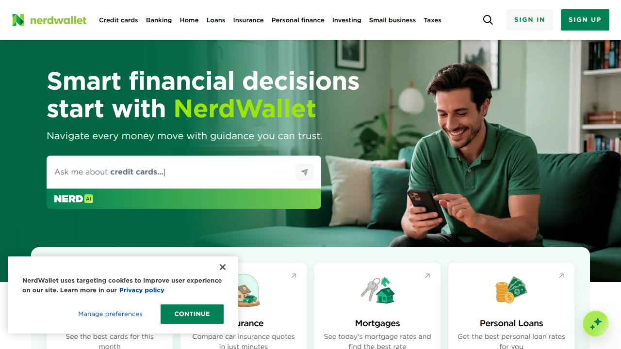 A screenshot of the NerdWallet homepage, a resource for financial advice and reviews, including paper trading platforms.