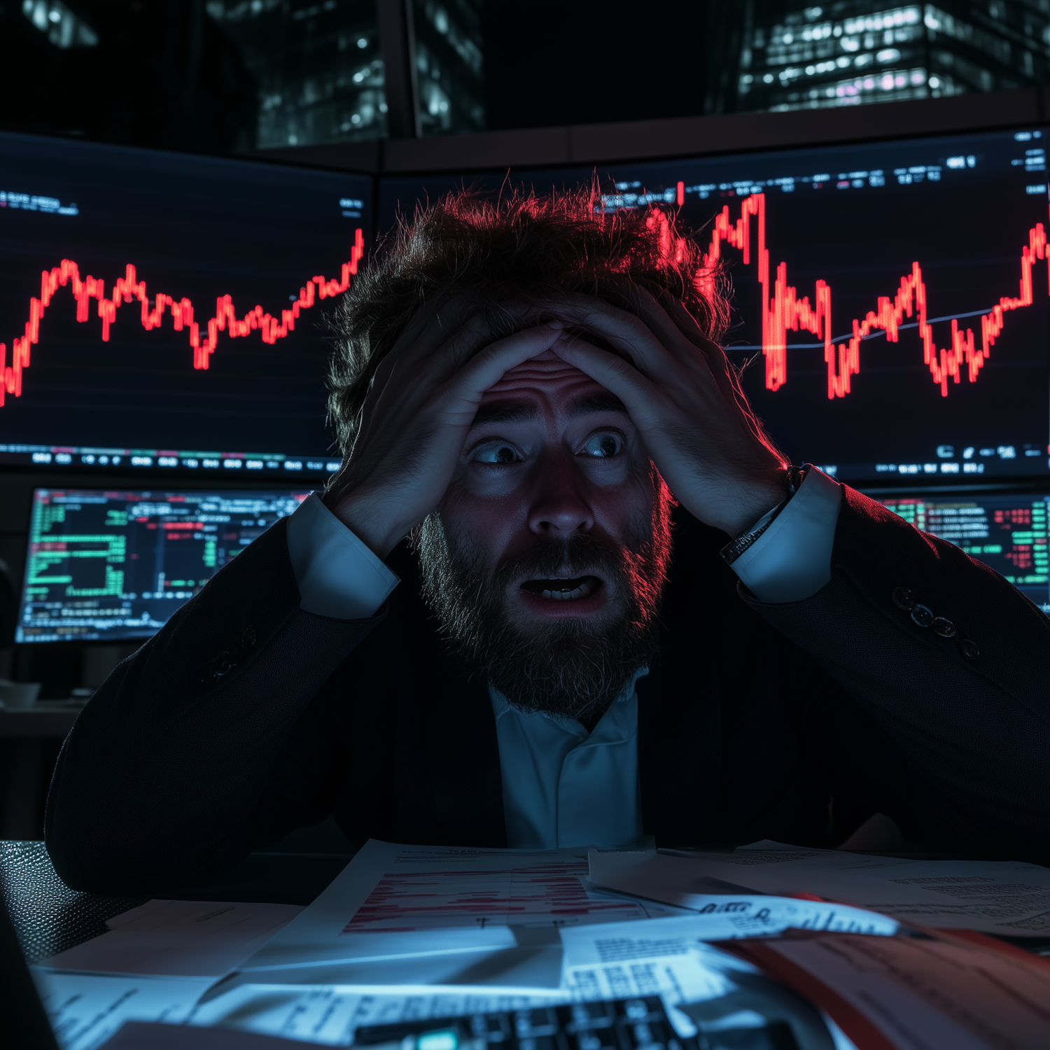 A person looking at multiple financial charts with a sense of apprehension or overwhelm.