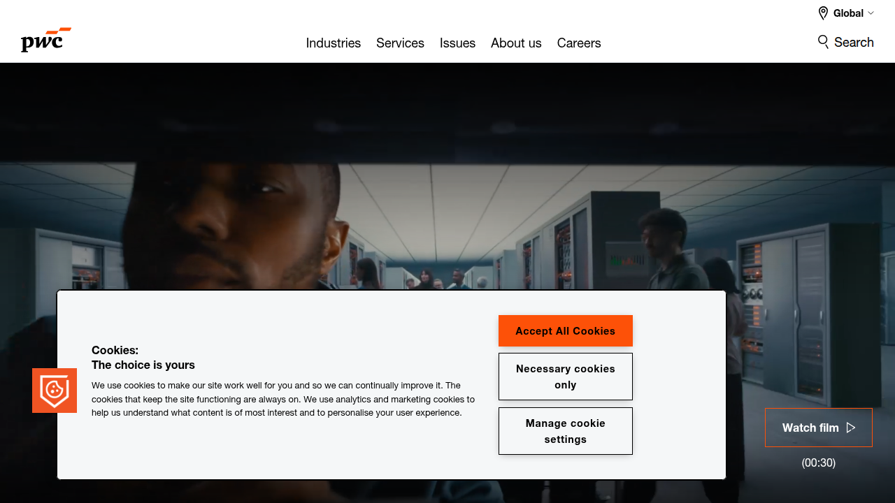 A screenshot of the PwC (PricewaterhouseCoopers) global homepage, representing a major professional firm and a source of deep research in crypto.