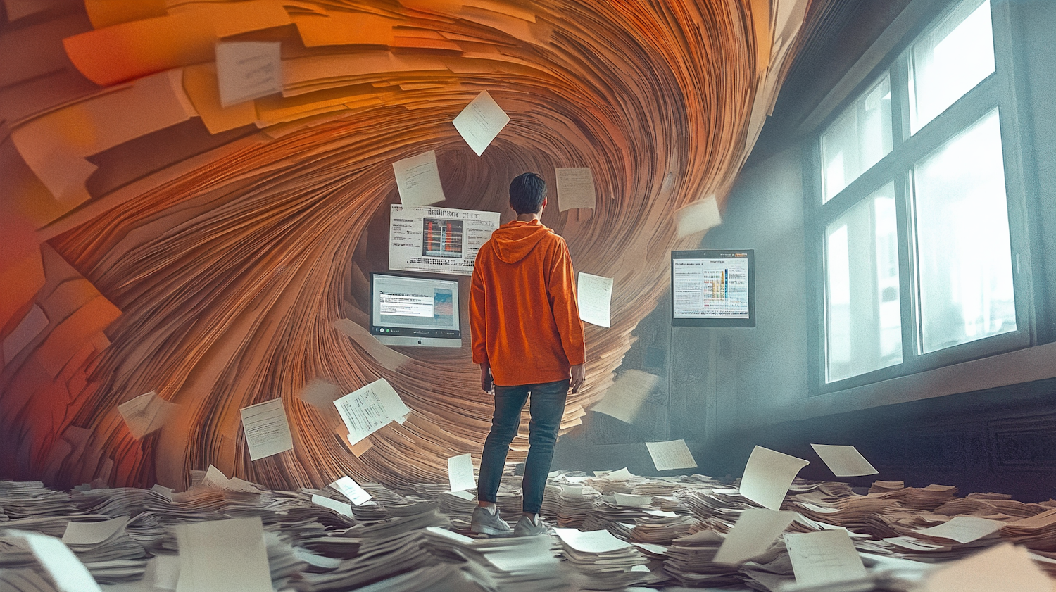 A person looking puzzled amidst a swirl of complex, abstract information, symbolizing the feeling of being overwhelmed when learning something new.