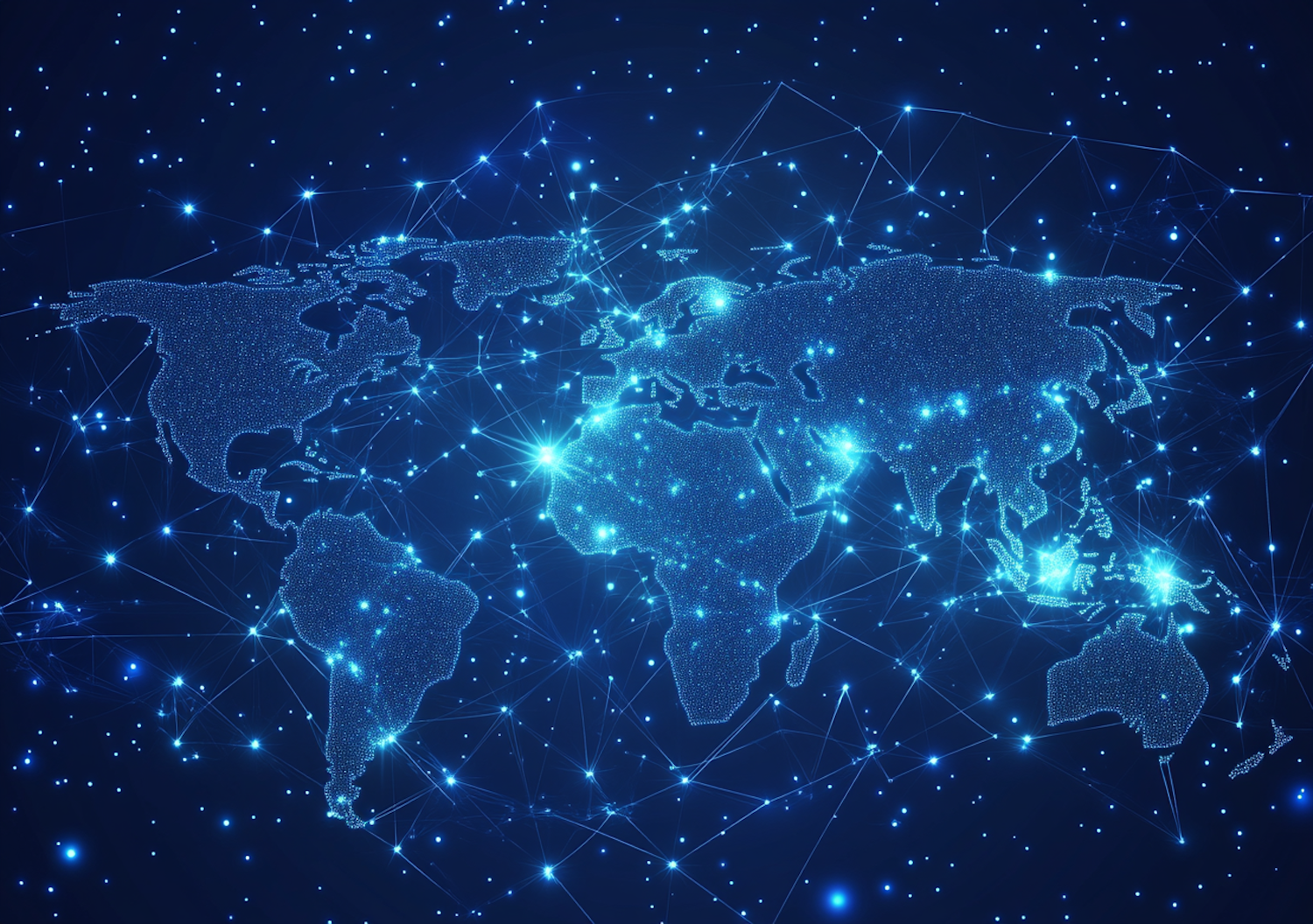 Depiction of a decentralized network of computers, or 'nodes,' working together to validate and record blockchain transactions.