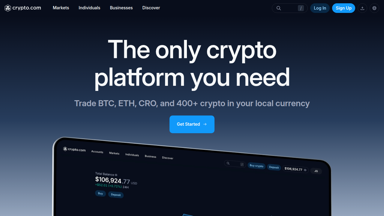 The official homepage of Crypto.com, a widely used cryptocurrency exchange and financial services platform.