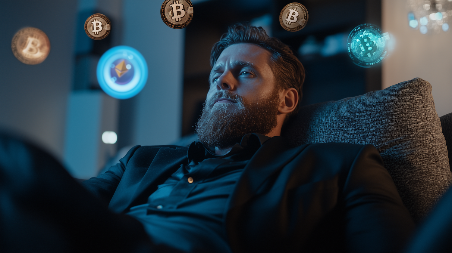 A beginner looking overwhelmed yet curious about the complex world of cryptocurrency news displayed on a tablet screen, symbolizing the initial confusion many face.