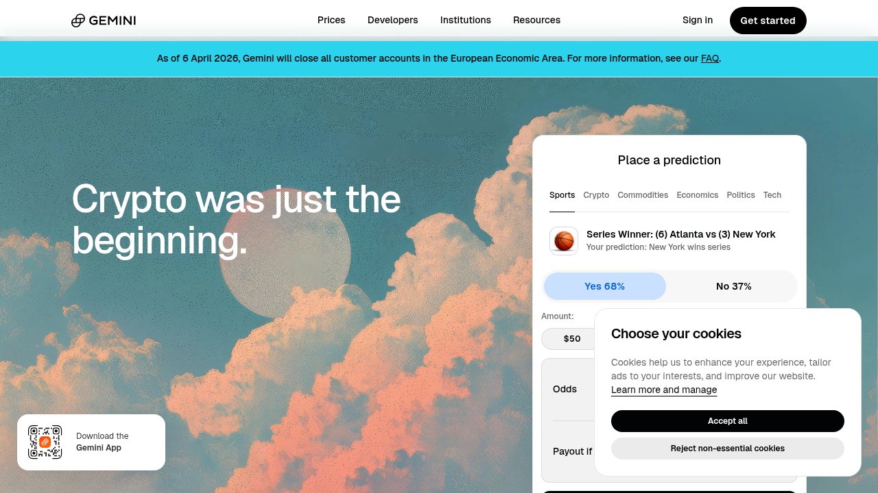 A screenshot of the official Gemini website homepage, showcasing its user-friendly interface for cryptocurrency trading.