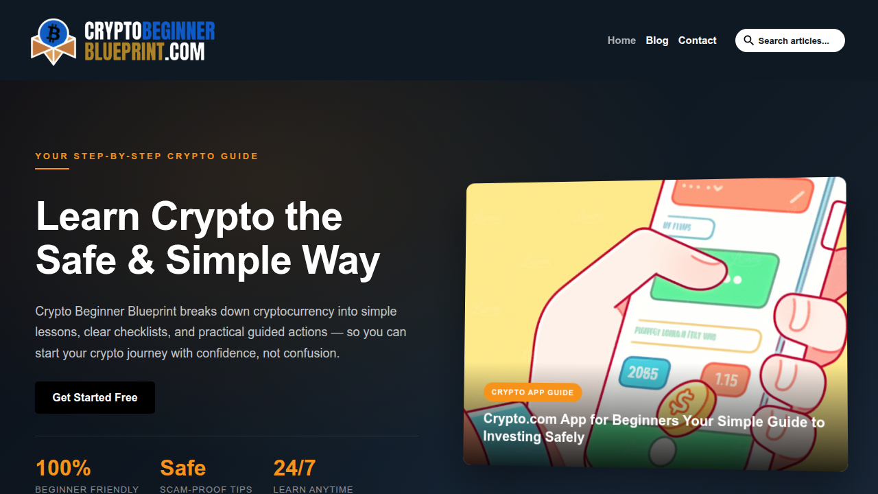 A screenshot of the Crypto Beginner Blueprint homepage, a resource for understanding fundamental crypto concepts.