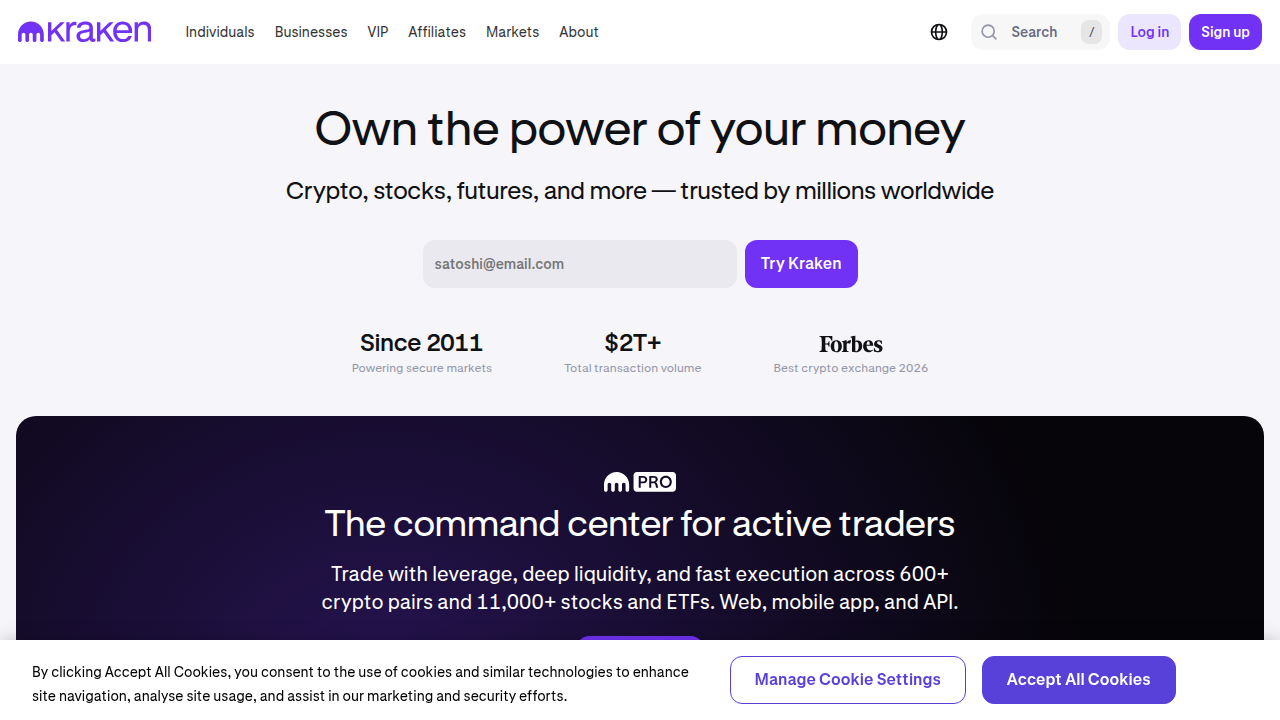 The Kraken homepage, featuring its robust design that caters to both new traders seeking simplicity and experienced users looking for advanced tools.