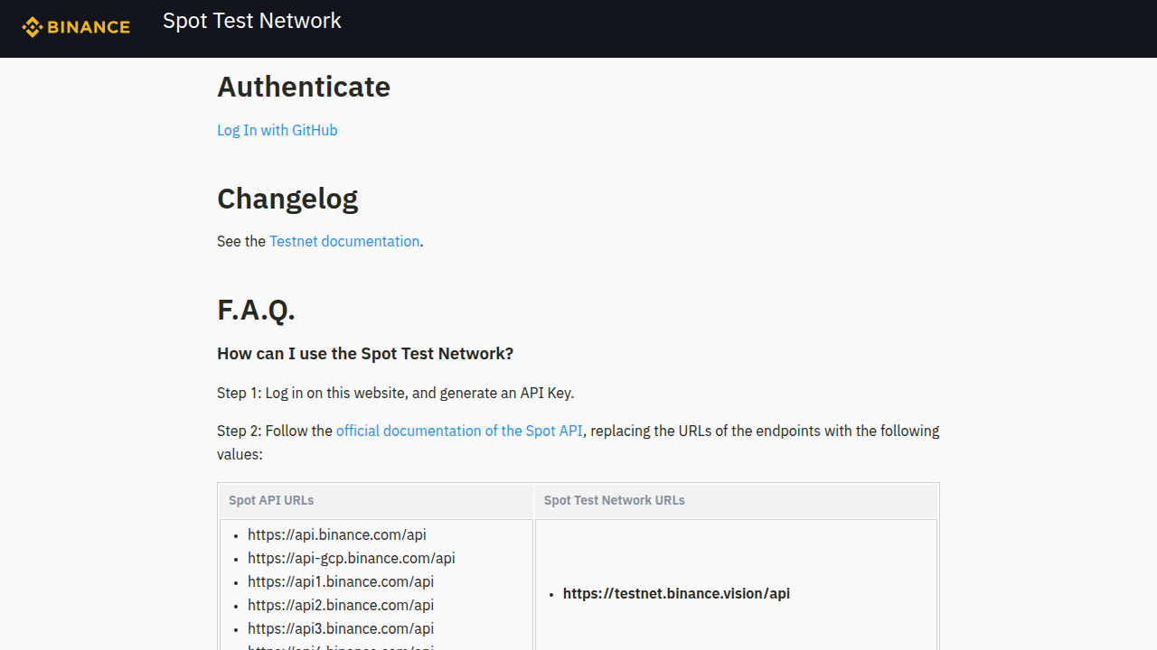 The login interface for the Binance Spot Test Network, allowing users to practice trading without real funds.
