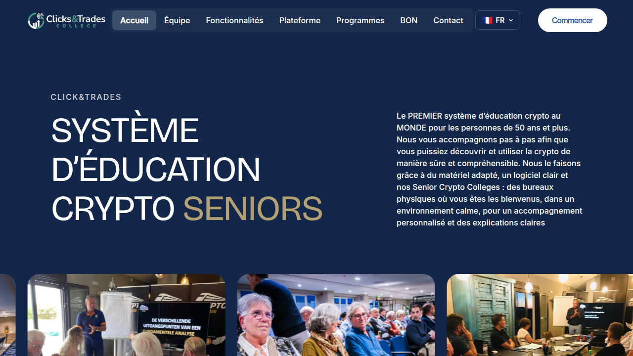 The homepage of Clicks and Trades, featuring clear calls to action for subscribing to their crypto education newsletter.