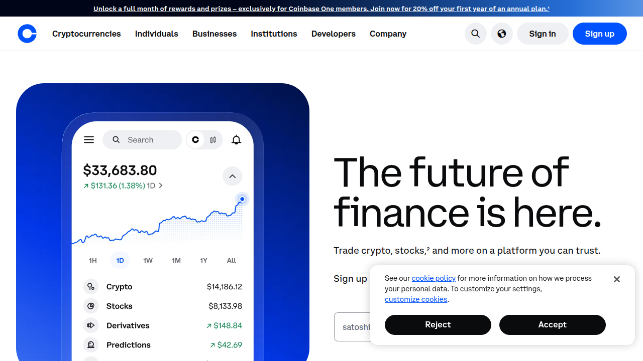 A screenshot of Coinbase's homepage, representing a popular centralized exchange known for its user-friendly interface.
